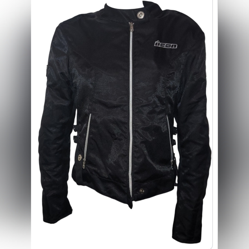 ICON HELLA Sz M Womens Motorcycle Black Jacket Textile Armor Zip Out Protective